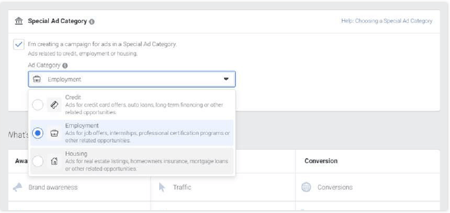 Special Ad Category dropdown screenshot